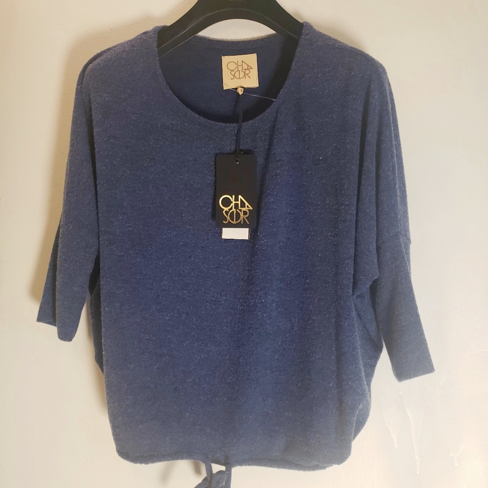 NEW CHASER Blue Sweater Top Tee SMALL Boat Neck Long sleeve Drawstring Stretch - Picture 7 of 13